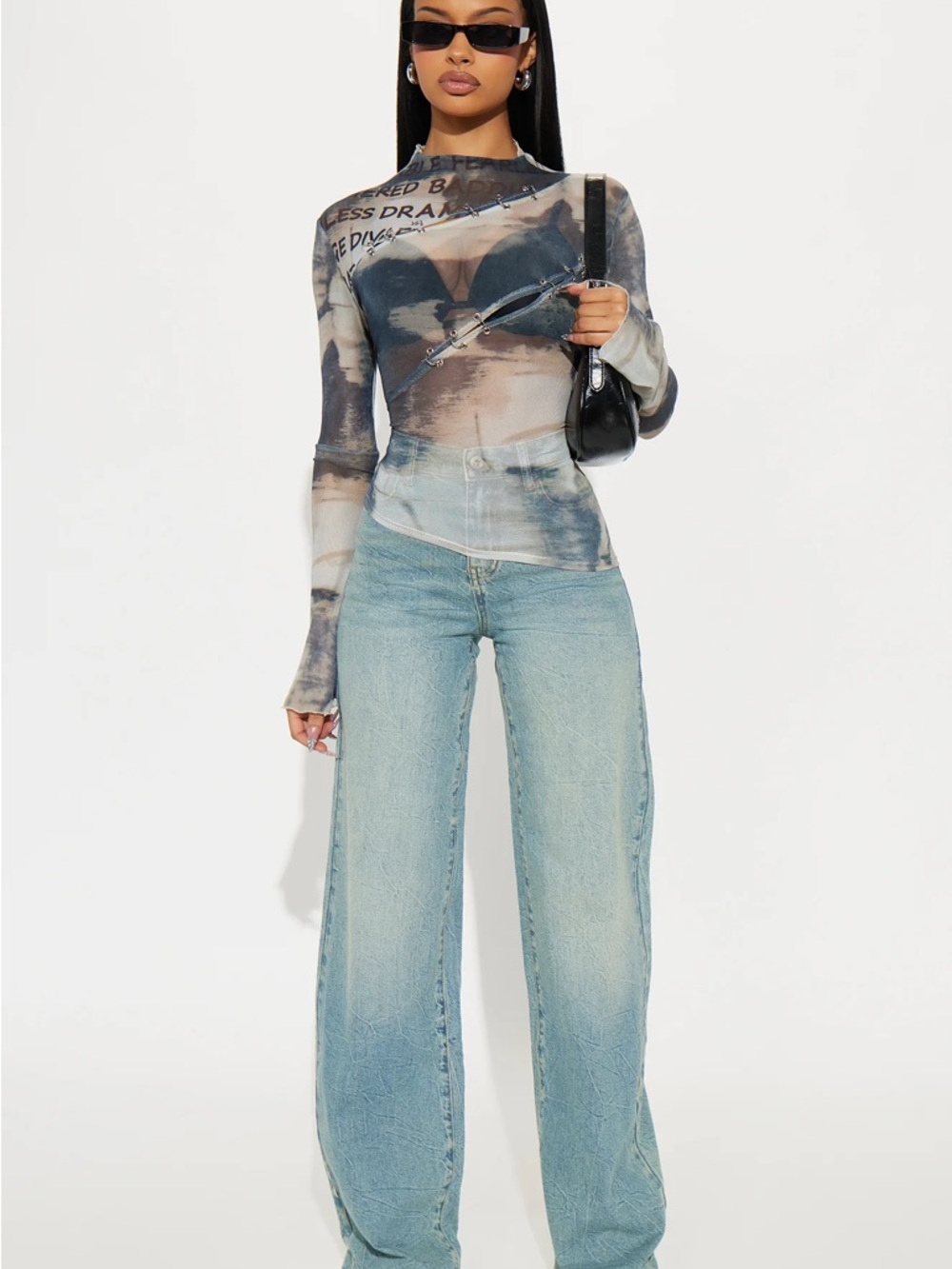 Long Sleeve Sheer Abstract Print Top in Blue-Grey - Picture 3 of 3